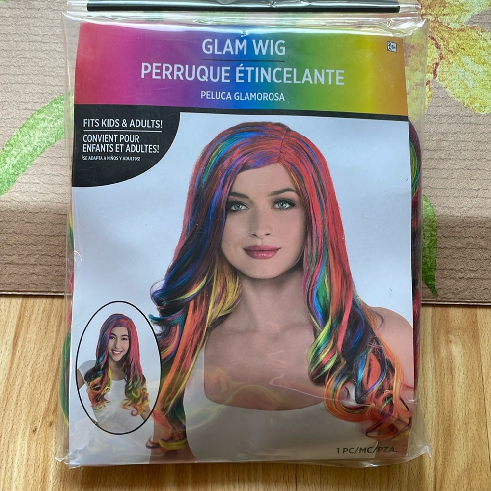 🌈GLAM🌈 Rainbow wig >> long hair + side part >> all ages NWT/NIP